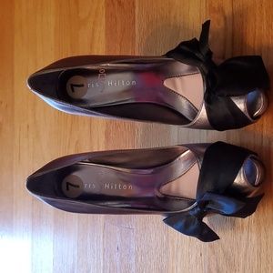Paris Hilton peep-toe platform  pewter metallic, black satin bow Size 7